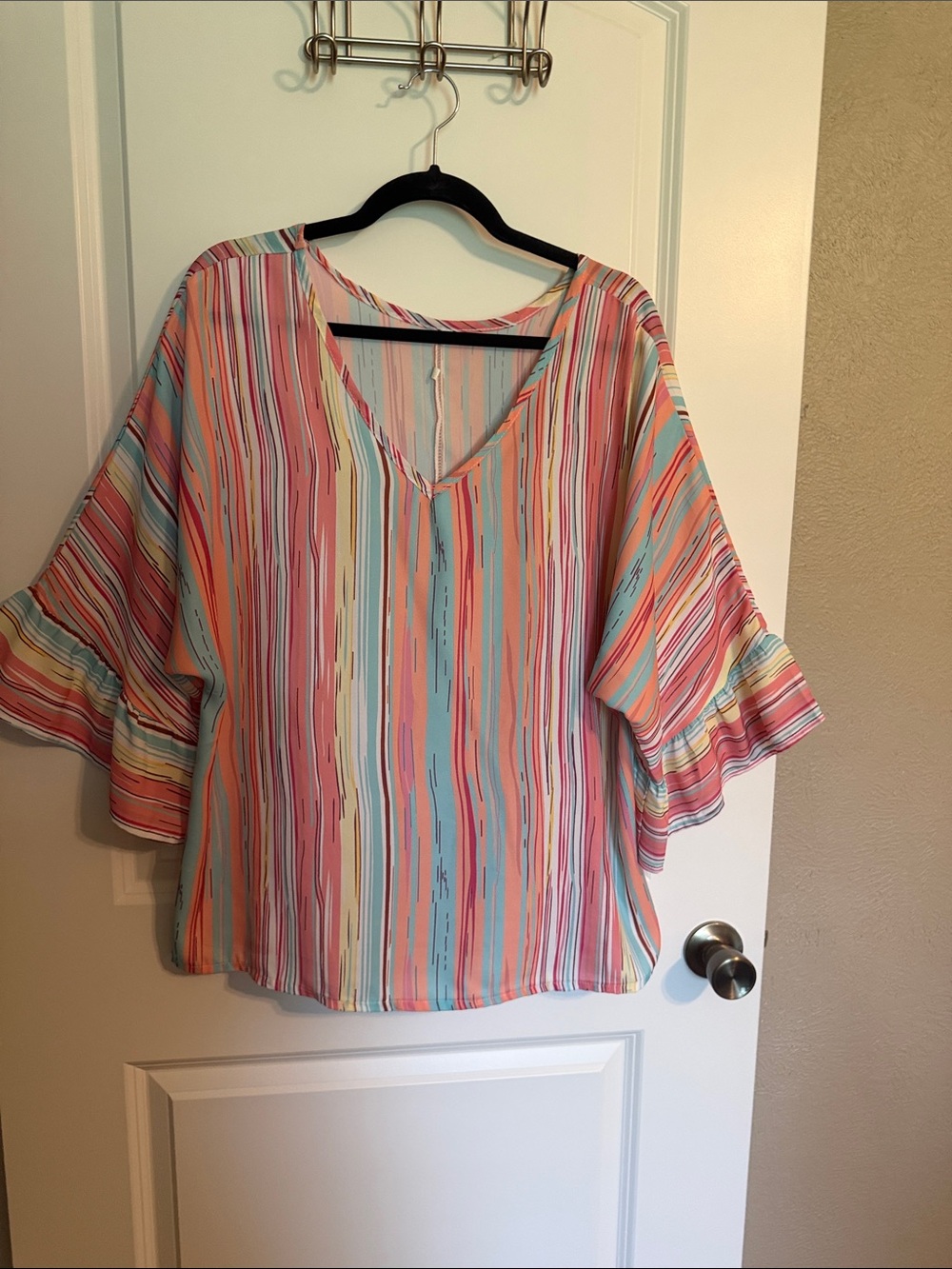 V-Neck Striped Flutter Sleeve Tunic - Multi Pastel